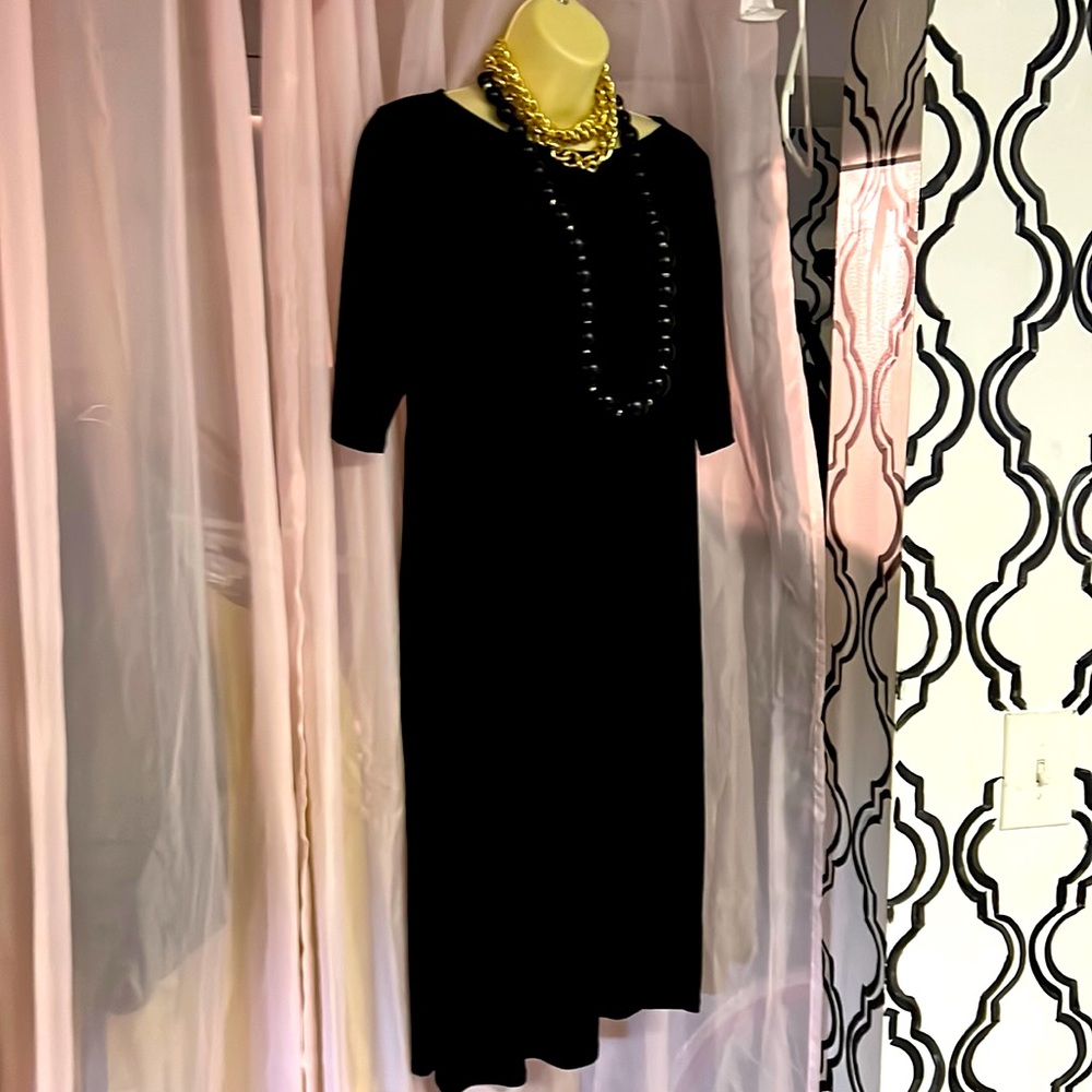 Eileen Fisher boatneck black jersey midi dress 3/4 sleeves perfect XL